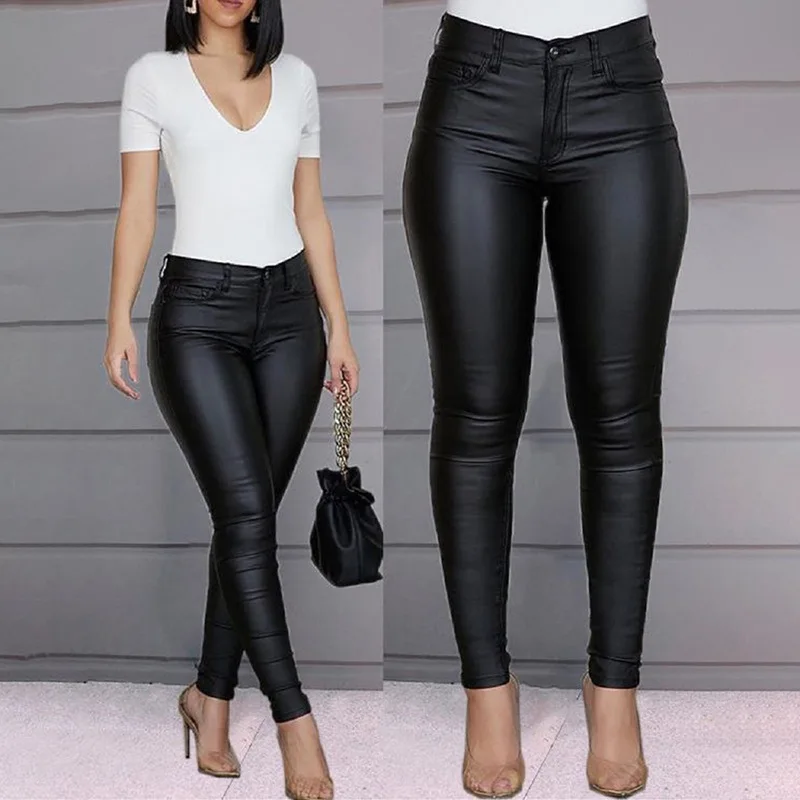 wholesale custom black sexy skinny slim zipper classic trousers stacked pu faux leather pencil pants women 2023