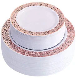 175 упаковок сверхпрочных пластиковых тарелок для вечеринок, набор одноразовой посуды из золота для 25 гостей, кружевная тарелка с ободком