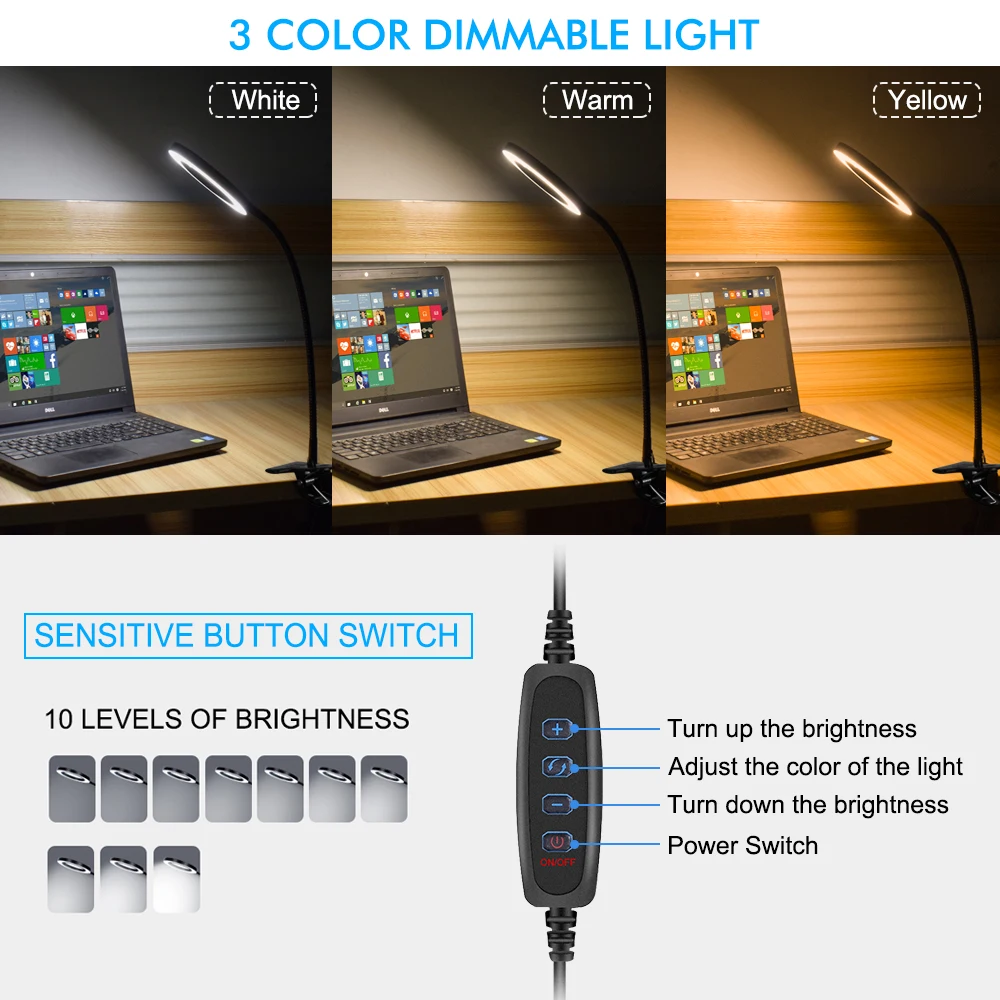 5X Illuminated Magnifier 3 Color Modes Stepless Dimmable Lighted Magnifier Flexible Gooseneck LED Desk Lamp  for Craft Reading