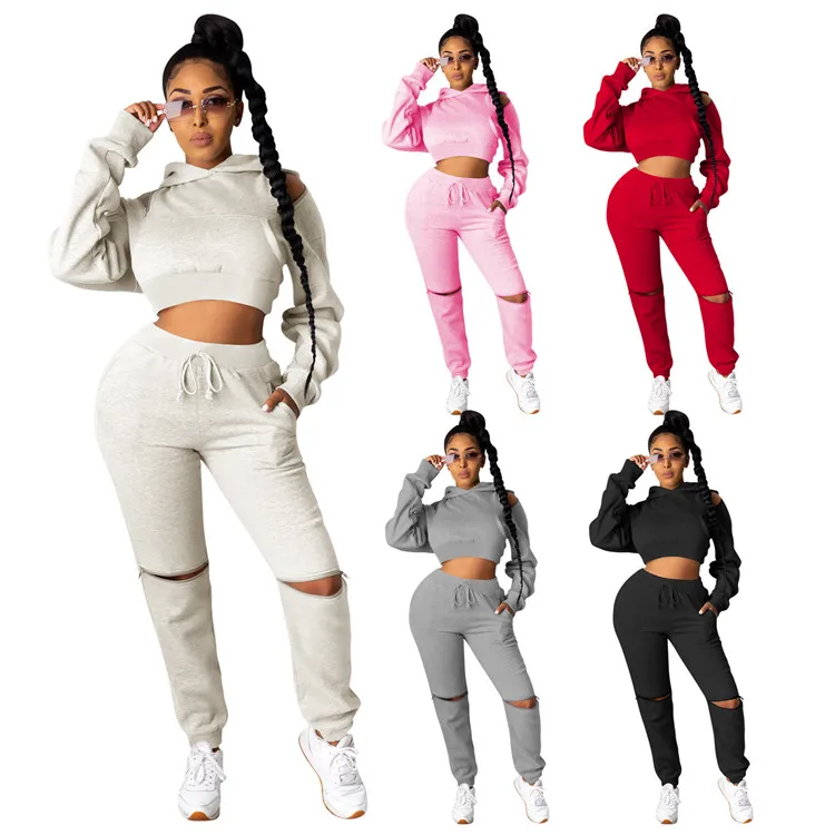 
L-1345 trending women clothing 2021 shoulder sleeves thickened sweater fabric hooded full circle zipper two piece workout set 