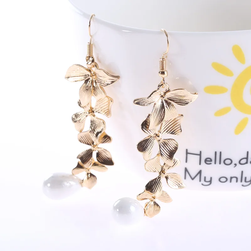 Korean Sweet Style Pearl Long Drop Earrings Gold Plated Pearl Leaf Hoop Earrings for Women