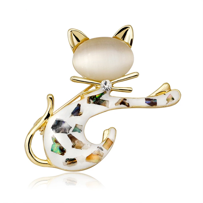 Jachon Cute Small Cat Design High Quality Opal Animal Brooch Glossy Shell Material White Gold Plated Mini Parytsu Brooch Pins