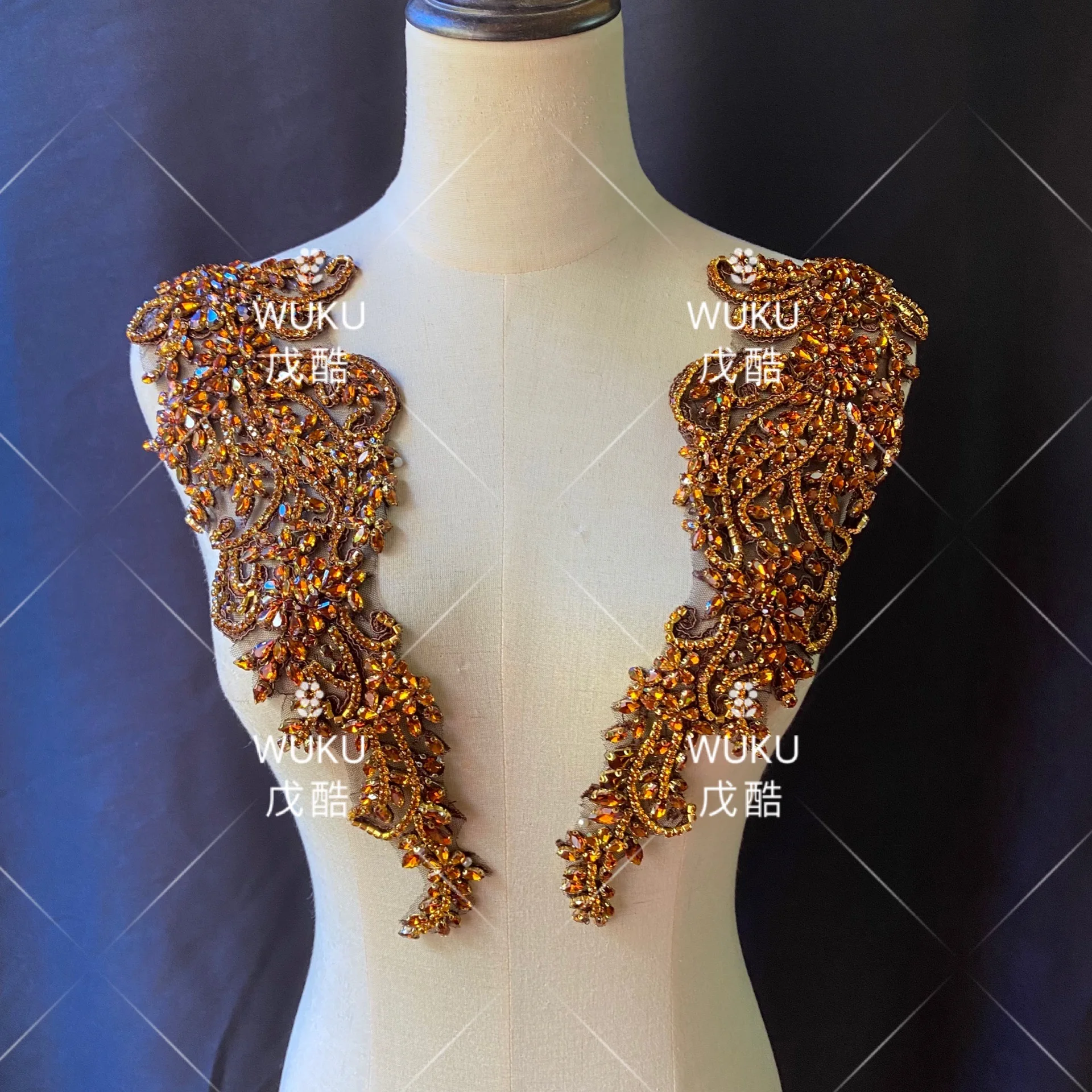 wuku wedding dress lace encrusted bling bling crystal applique patch in coffee brown