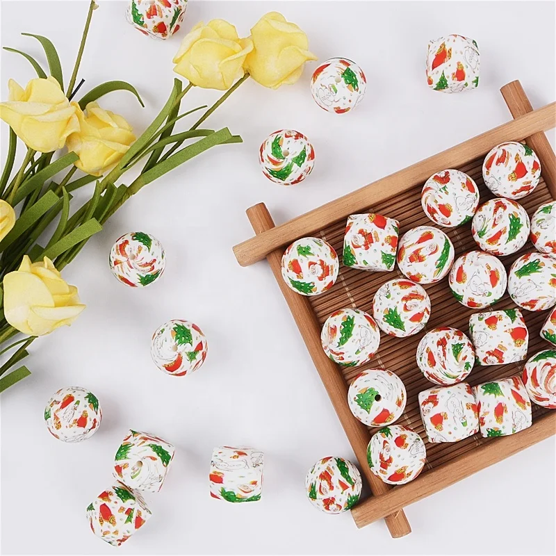 Hot Sale Food Grade safe Silicone Printed Christmas Beads Baby Chewable Silicone Bead with custom Hexagon Shape