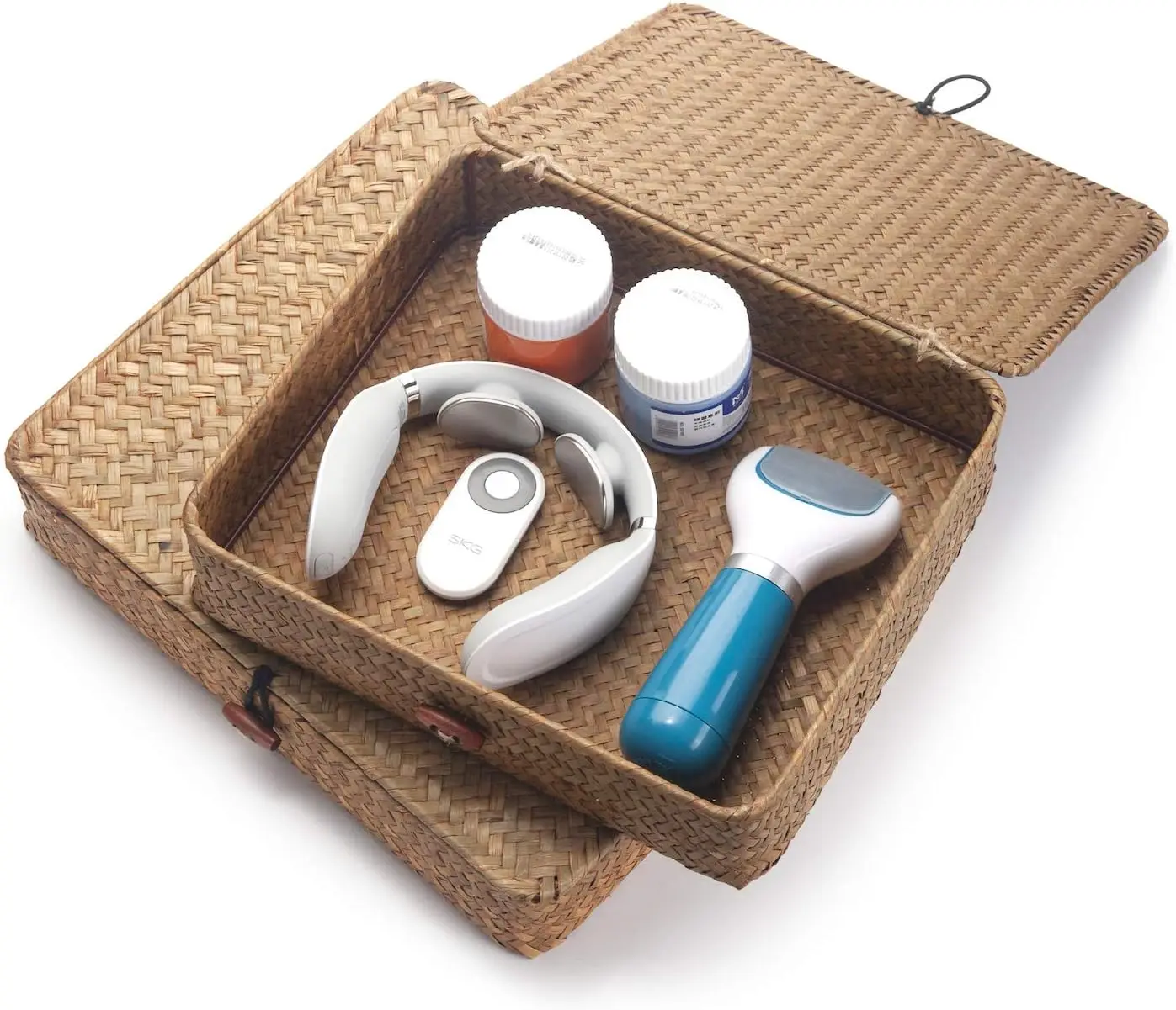 Seagrass Storage Basket Box with Lid Rectangular Woven Shelf Baskets Bins for Organize Snack Toys Set of 2 Natural Decorative