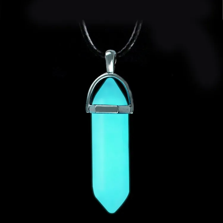SC Simple Hexagonal Column Pendant Necklace Leather Rope Crystal Natural Stone Luminescence Energy Luminous Stone Necklace