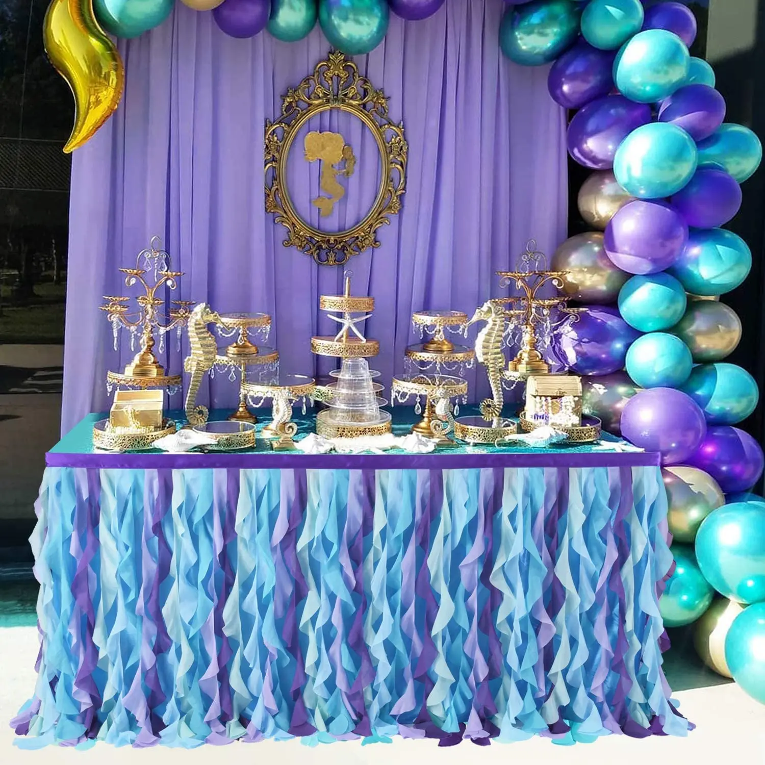 6ft Mermaid Curly Willow Tulle Ruffle Table Skirt for Baby Shower  hawaiian beach hula table skirt for holiday party