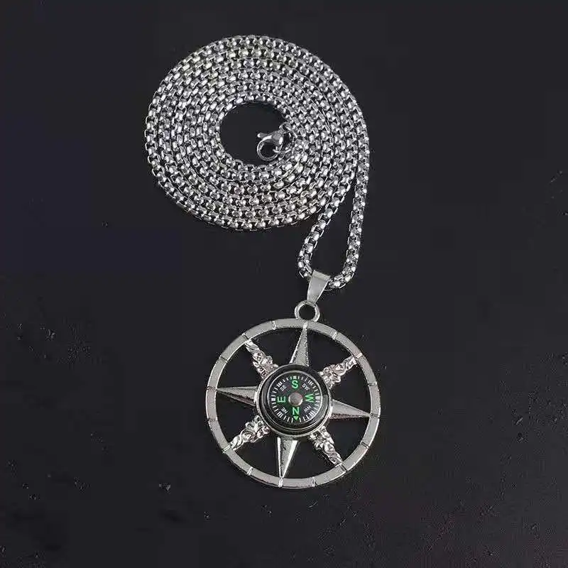 Korean Wilderness Adventure Travel Compass Necklace Personalized Male Titanium Steel Pendant Necklace