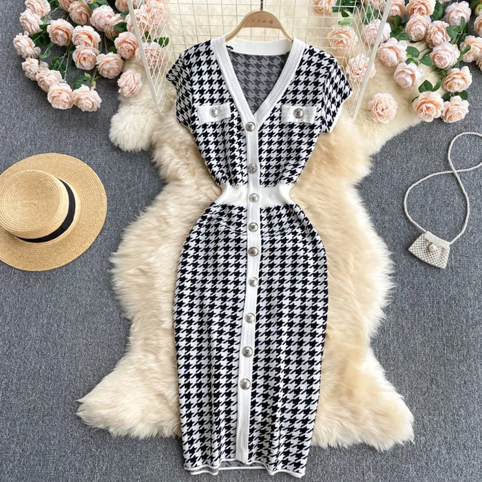 2022 Korean Fashion Classic Houndstooth Pattern Short Sleeve Knitted Dress Women Slim Dresses Clothing 8