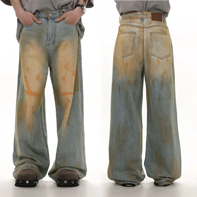 Heavyweight custom y2k baggy jeans Streetwear Hip Hop Dirty mud Wash Jeans Wide Leg Straight latest design jeans pants
