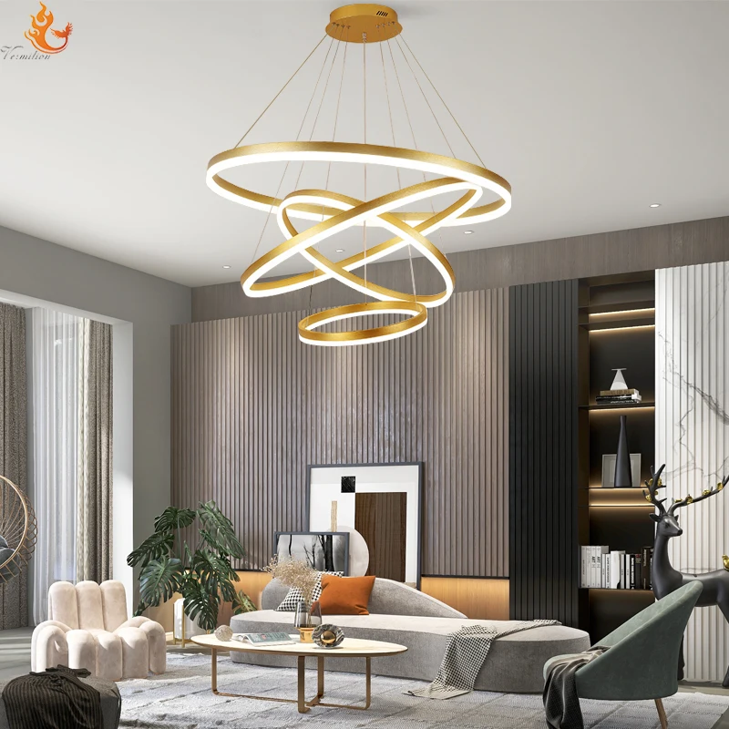 Guzhen Gold Color Luxury Contemporary hanging decorative pendant lights nordic modern design circle ring led chandeliers
