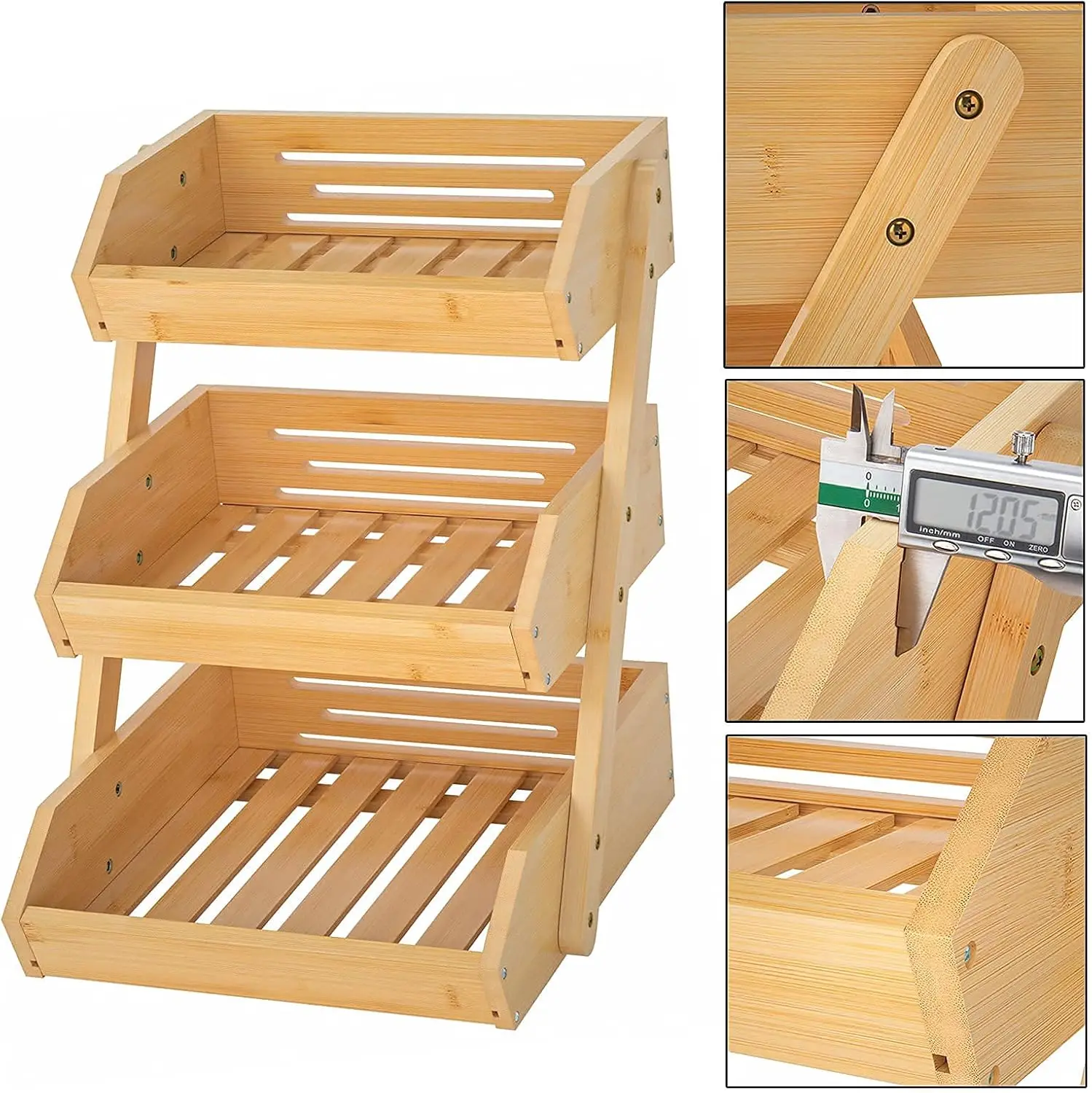 Large 3-Tier Bamboo Fruit Basket Stand Modern Kitchen Countertop Fruit Holder Bread Vegetables Produce Home Storage