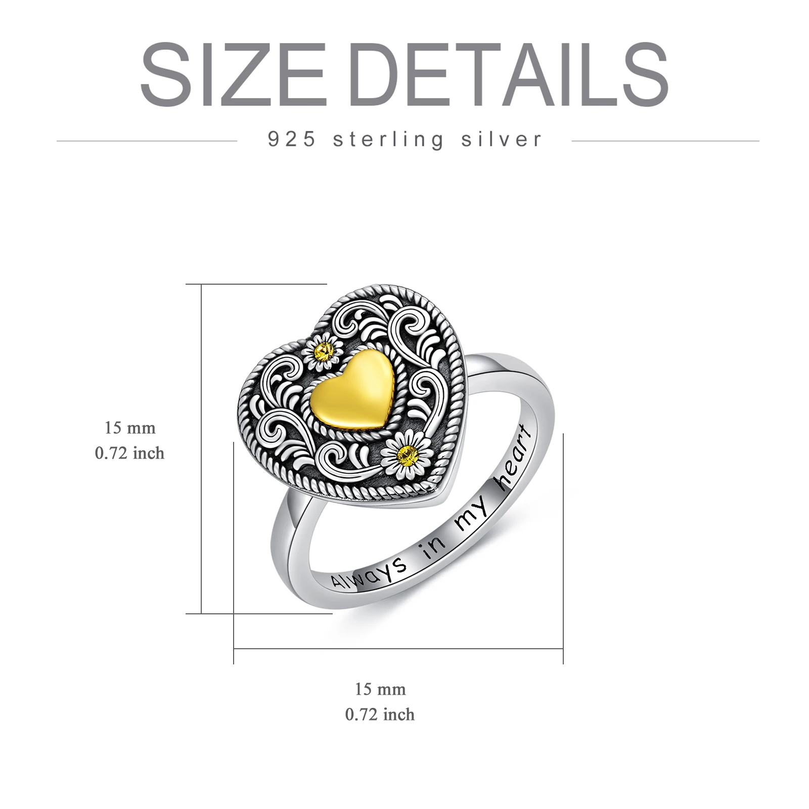 Memorial Jewelry For Women 925 Sterling Silver Always In My Heart Ring Sunflower Heart Urn Rings