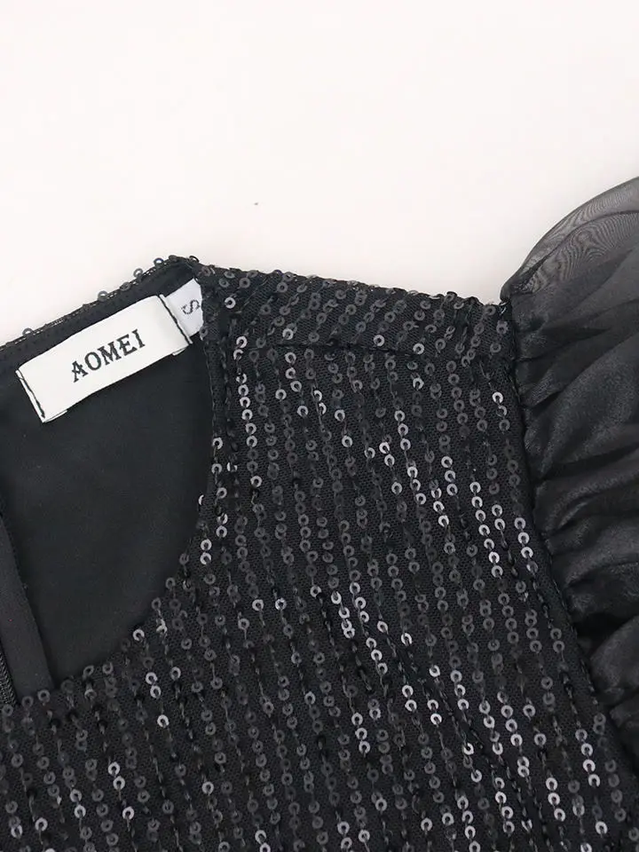 Black Party Sequin Puffy Long Sleeve 4XL Africa Lady Evening Dress