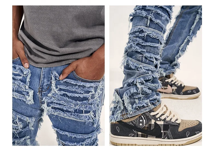 OEM FOG private label blue fashion brand drop shipping stock ripped patch jeans men