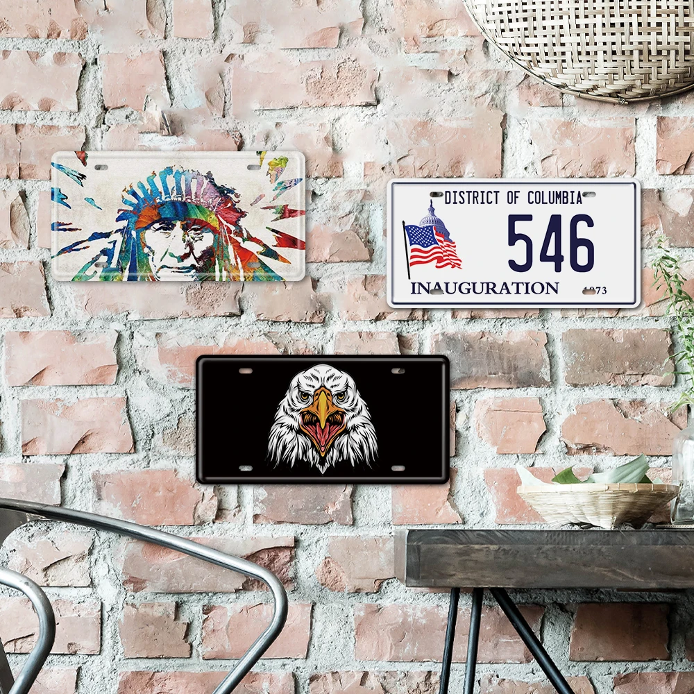 USA Flag License Plate Tin Sign American Flag Vintage Tin License Plate Sign Wall Art for Patriotic Wall Display