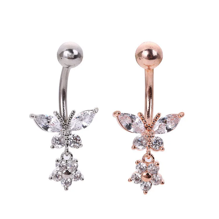 New designs transparent zircon stainless steel butterfly belly rings silver rose gold plated butterfly belly button ring