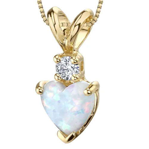 14K Gold  Heart Shape Created White Opal Diamond Pendant Necklace Perfect Designer Conception