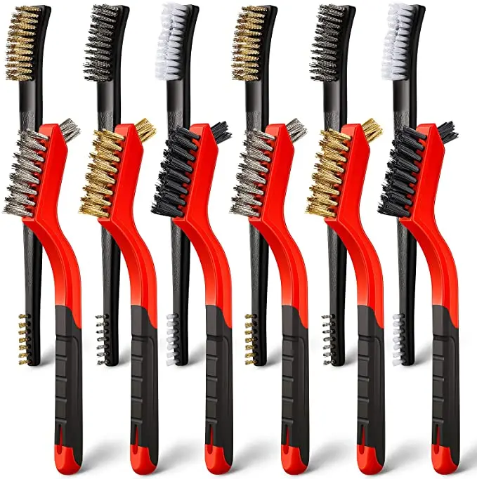 Wire Brush Set 12Pcs - Nylon/Brass/Stainless Steel Bristles for Cleaning with Curved Handle Grip