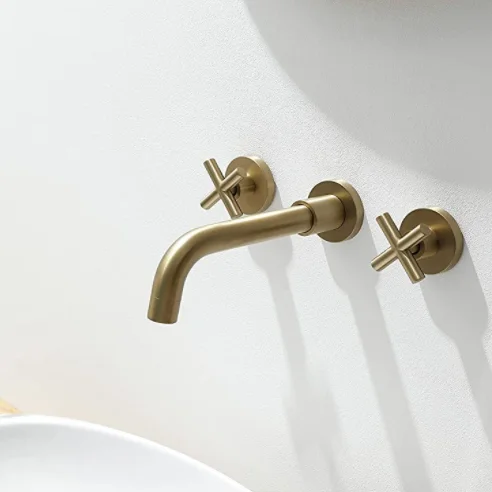 Brushed Gold Brass Bathroom Tap, Double Handle Three Holes Wall Mount Bathroom Sink Faucet and Rough in Valve Included