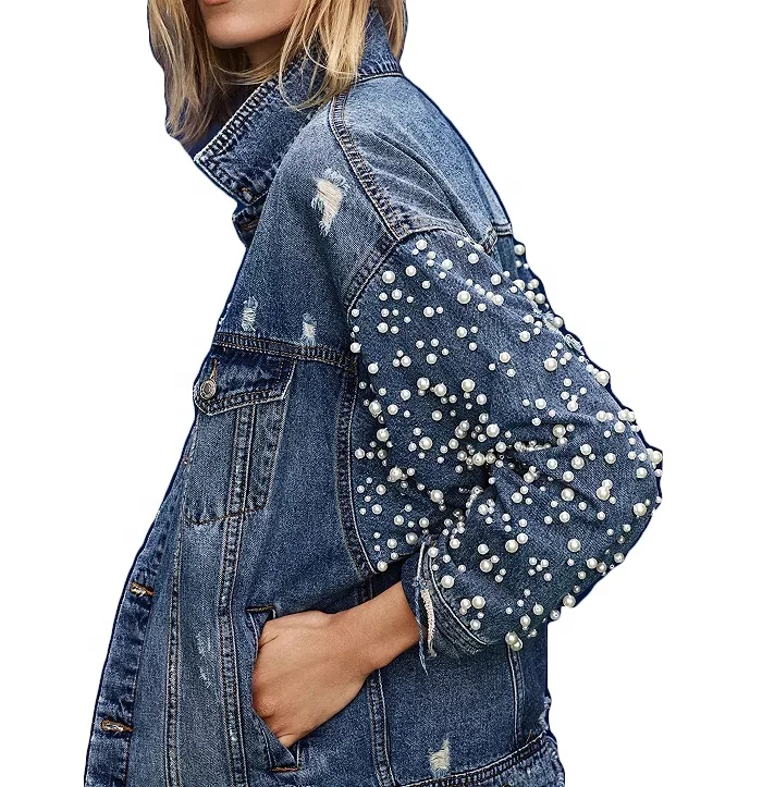 Gradient Pearl Embellishments Denim Jacket Plus Size Long Casual Breathable Anti-shrink OEM Service YARN DYED Eco-friendly Plaid