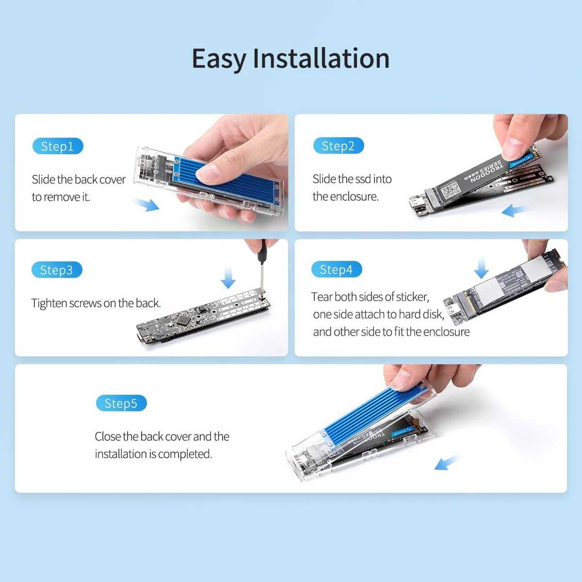  ORICO M.2 M-Key SSD Enclosure USB3.1 10Gbps 2TB Type-C Portable Hard Disk Case Mini Clip/Push Open Storage Box