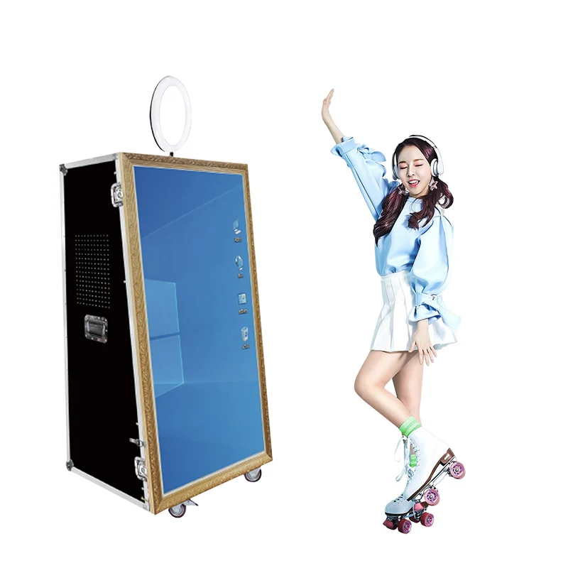 Portable Selfie 360 Degree Platform Spinner Business Photobooth 15.6 Print Wood Mirror Photo Booth