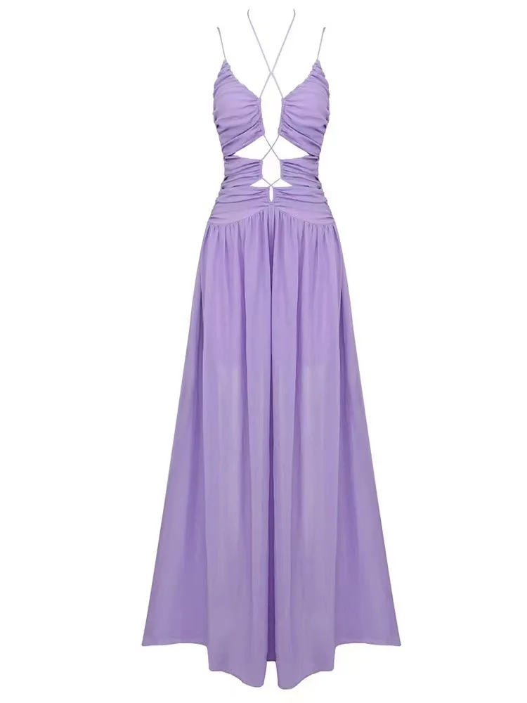 2024 New arrivals women purple spaghetti strap hollow out long chiffon purple maxi dress holiday party outfits 2024