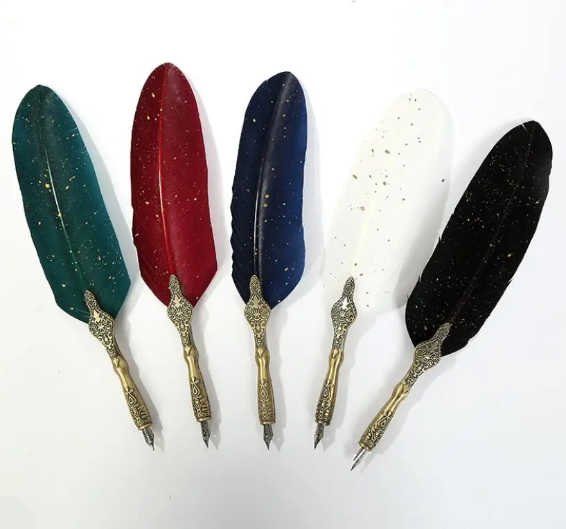 Feather Calligraphy Pen Set Includes 5 Nibs Sealing Stamp, Wax Seal Strips, Wood Handle Spoon Etc