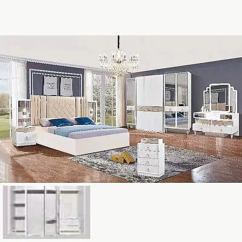 Leading bed wholesale modern luxury complete home furniture king queen size mirrored bedroom furniture set