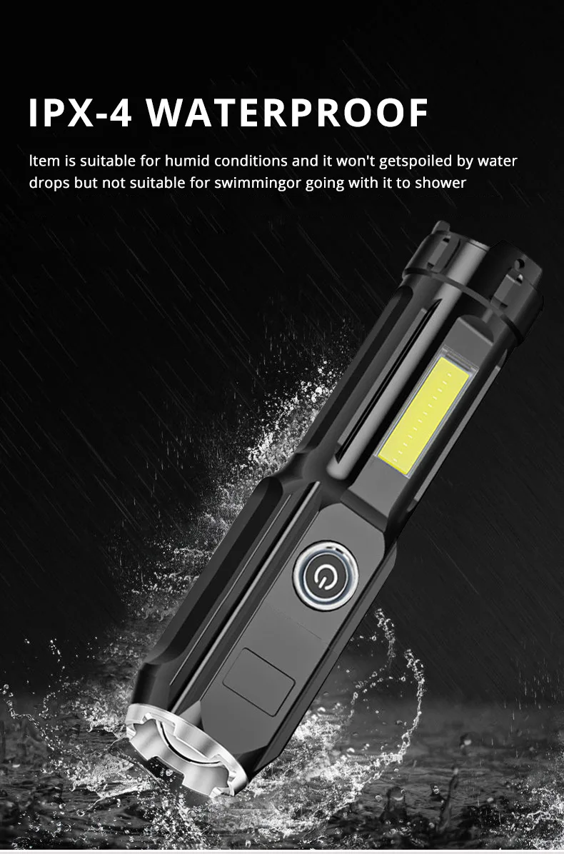 Newest Strong Powerful  Portable Flashlight wtih LED COB Slide USB Rechargeable Zoomable Tactical Flashlights