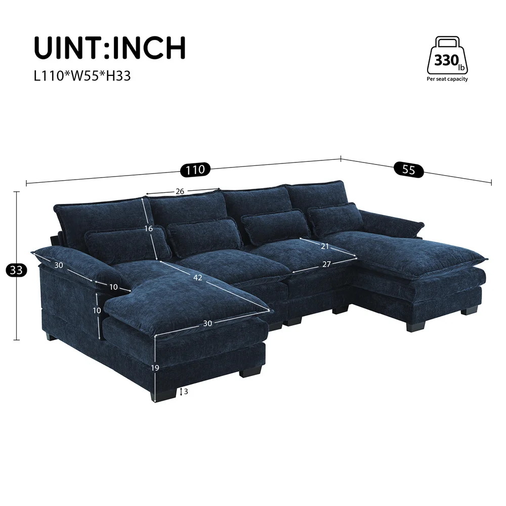 Japanese Dark Blue Sleeper Sofa Couch U-shaped Sectional Sofa with Waist Pillows Double Chaise Lounge for Living Room Apartment