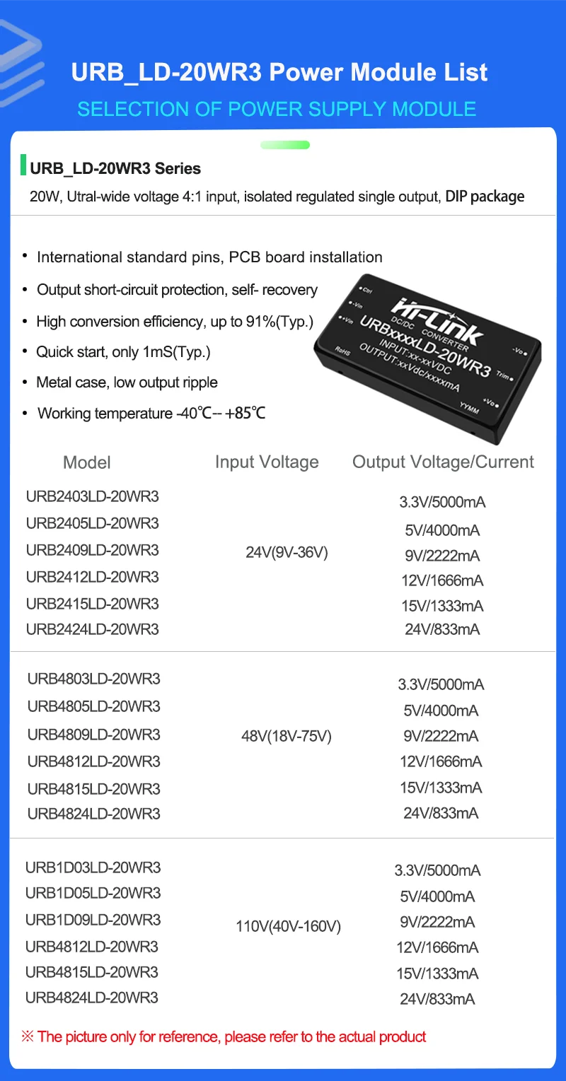 Hi-Link Official URB2405LD-20WR3 DCDC Power Supply Module 20W 24V(9-36V) to 12V 1666mA Output Isolated Step-Down Converter