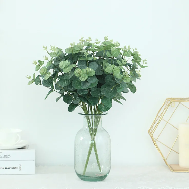 
silk flower arrangement French money grass eucalyptus leaves 