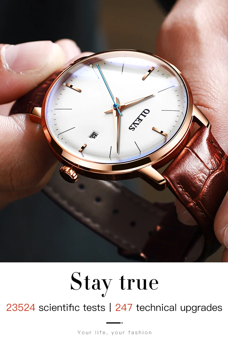 
OLEVS Brand 6609 Men Fashion Sport Watch Mechanical Watch Casual Date Analog Waterproof Roman Numeral Leather Strap Boy Watch 