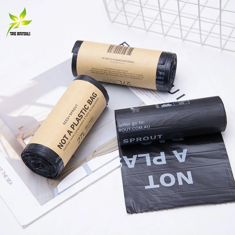 100l Eco Friendly Wholesale Cornstarch Custom Black 100% Biodegradable Compostable Plastic Garbage Bags On roll