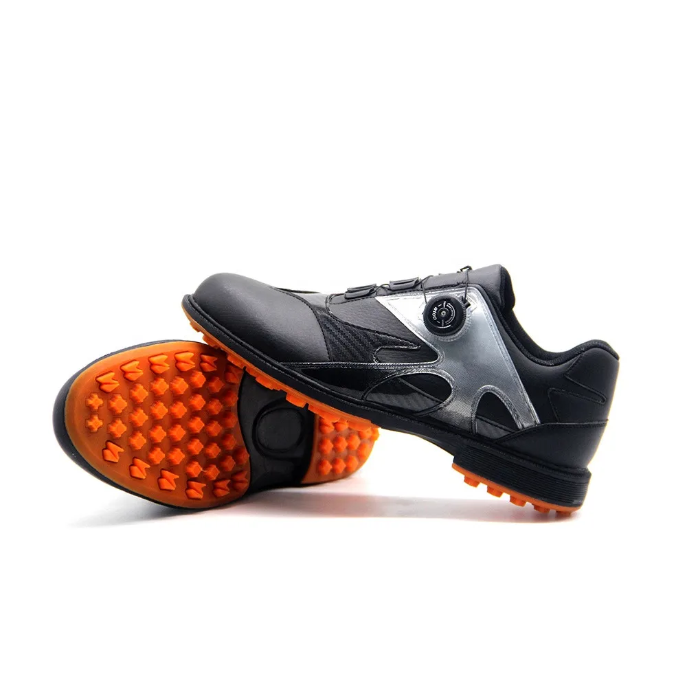 
Custom Wholesale Factory OEM Japan Korea PU Leather Black Dial Lock Auto Laces Spikenessless Men Golf Shoes 
