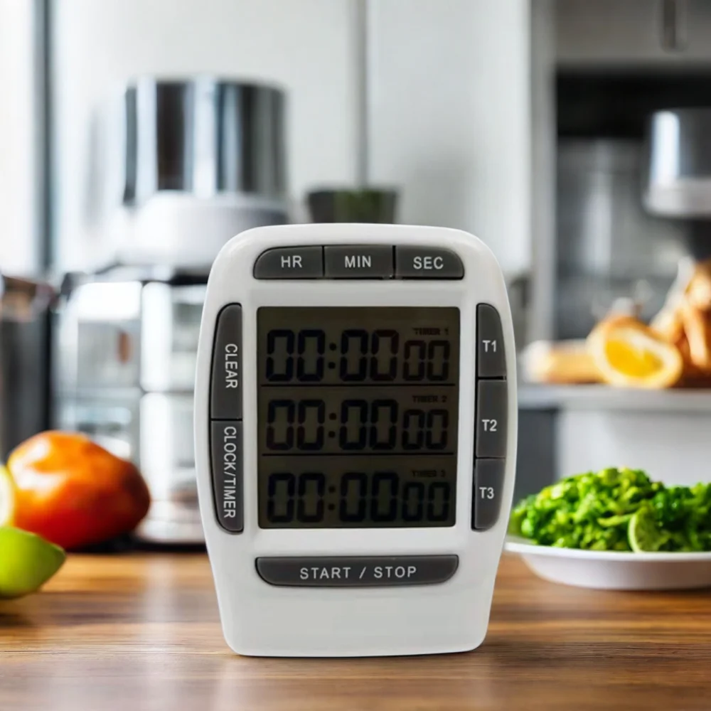 3-Channel Digital Kitchen Timer with LCD Display Cooking Countdown Alarm Clock Magnet Bracket-Made of Plastic