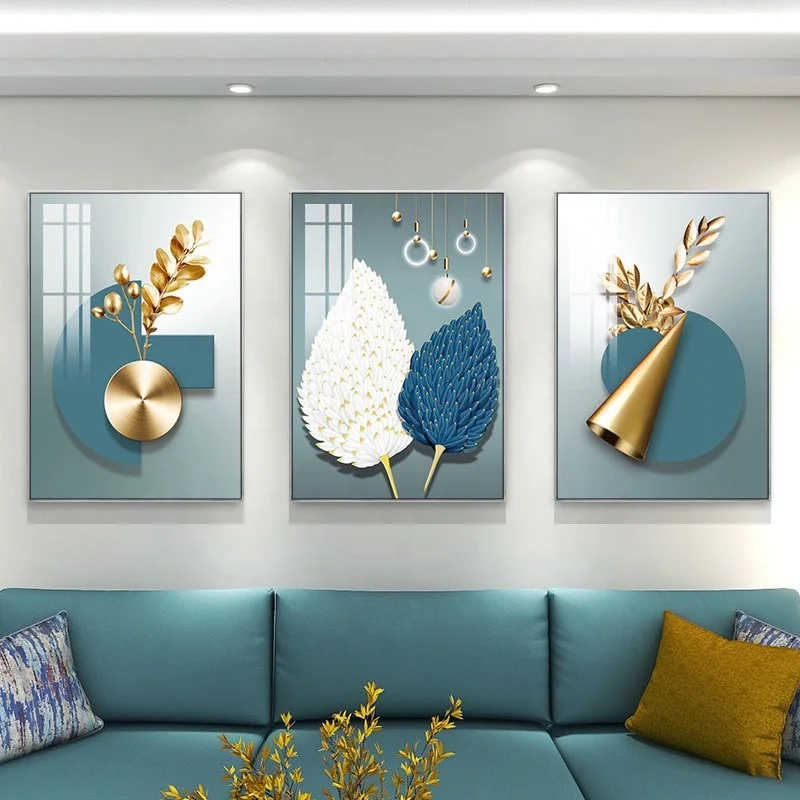 Scandinavian Light Luxury Flower and Leaf Crystal Porcelain Painting for Sofa Background Wall and Dining Room Wall Decoration