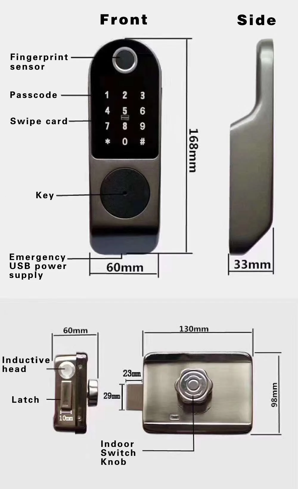 wifi fingerprint gate cylinder door lock  fingerprint/ password/ IC card /mechanical keys Tuya smartphone  control