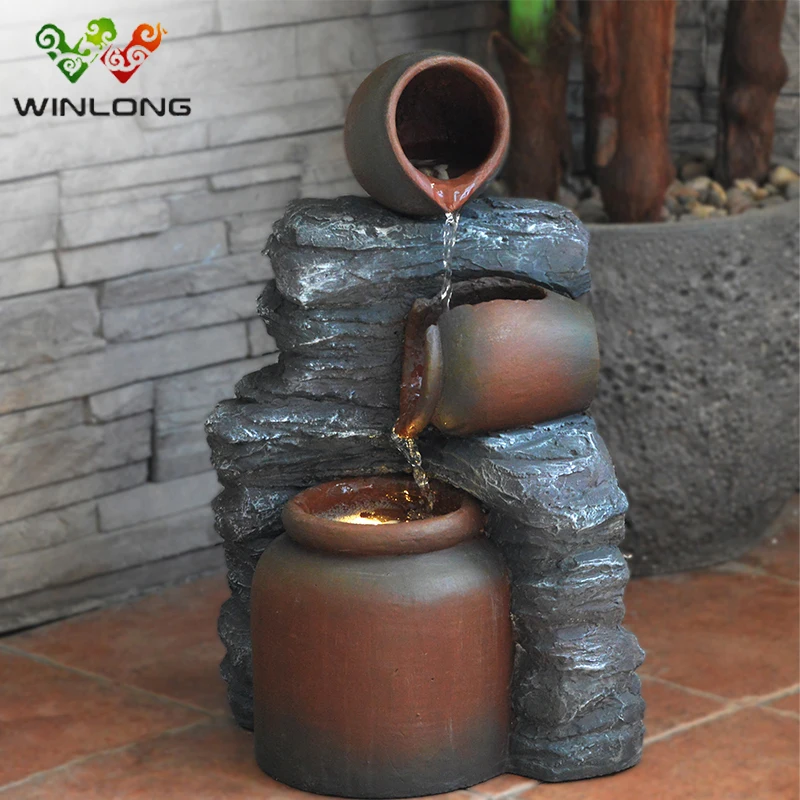 2023 Outdoor Garden GFRC Three Rustic Jugs Cascading Water Fountain with pot for Yard Garden Lawn