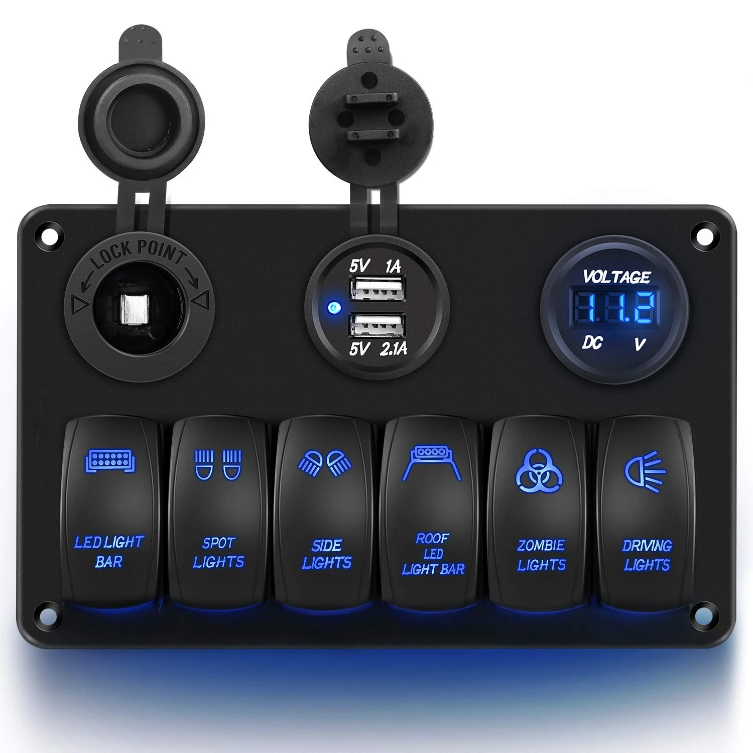 6 Gang Laser LED Light Bar Rocker Switch Panel With Cigarette Lighter and Dual USB and Voltmeter for 12V/24V Cars