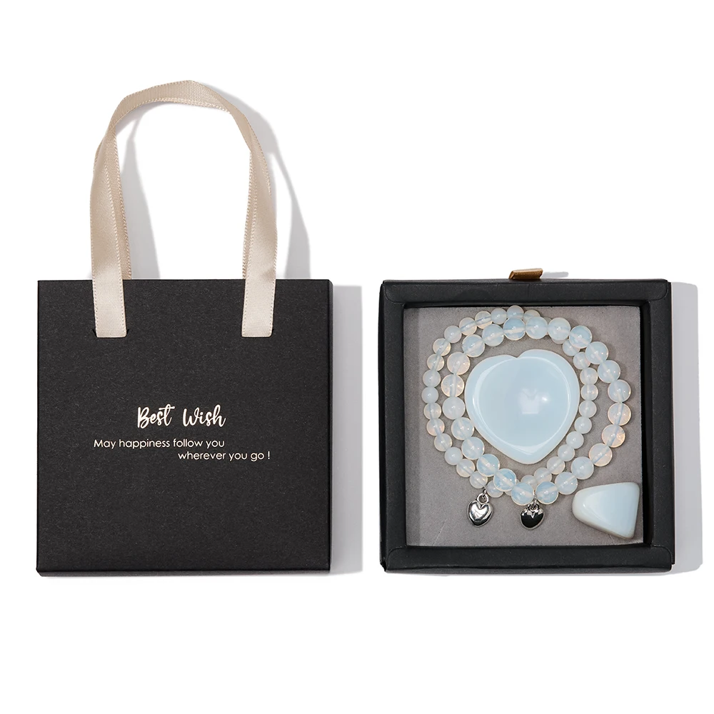 Hot Sale Gemstone Set Yoga Meditation Reiki 6mm 8mm Opalite Crystal Bead Bracelets Heart Love Worry Stone Set with Gifts Box Bag