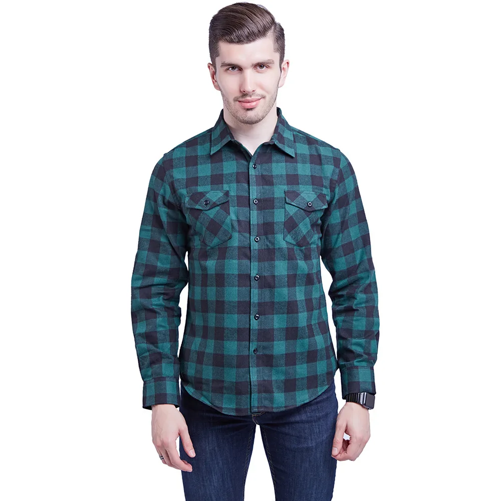 2021 spring new cotton double pocket Shirts for men long sleeved and Stand-up collar large plaid pattern
