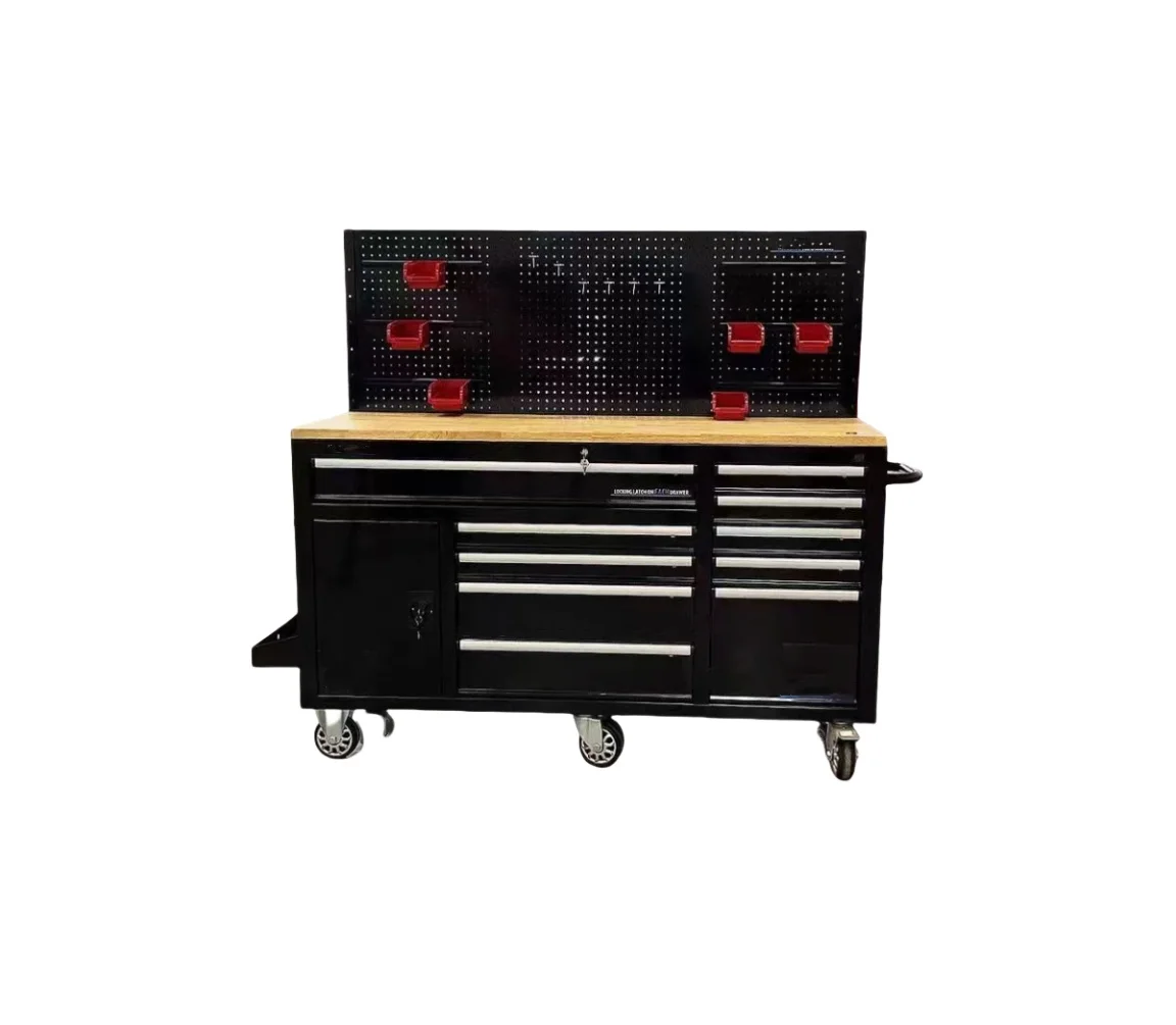 Heavy Duty 62 inch 10 drawers Tool Trolley Steel Garage movable storage cabinets Combination Wooden Top Tool Chest with Pegboard