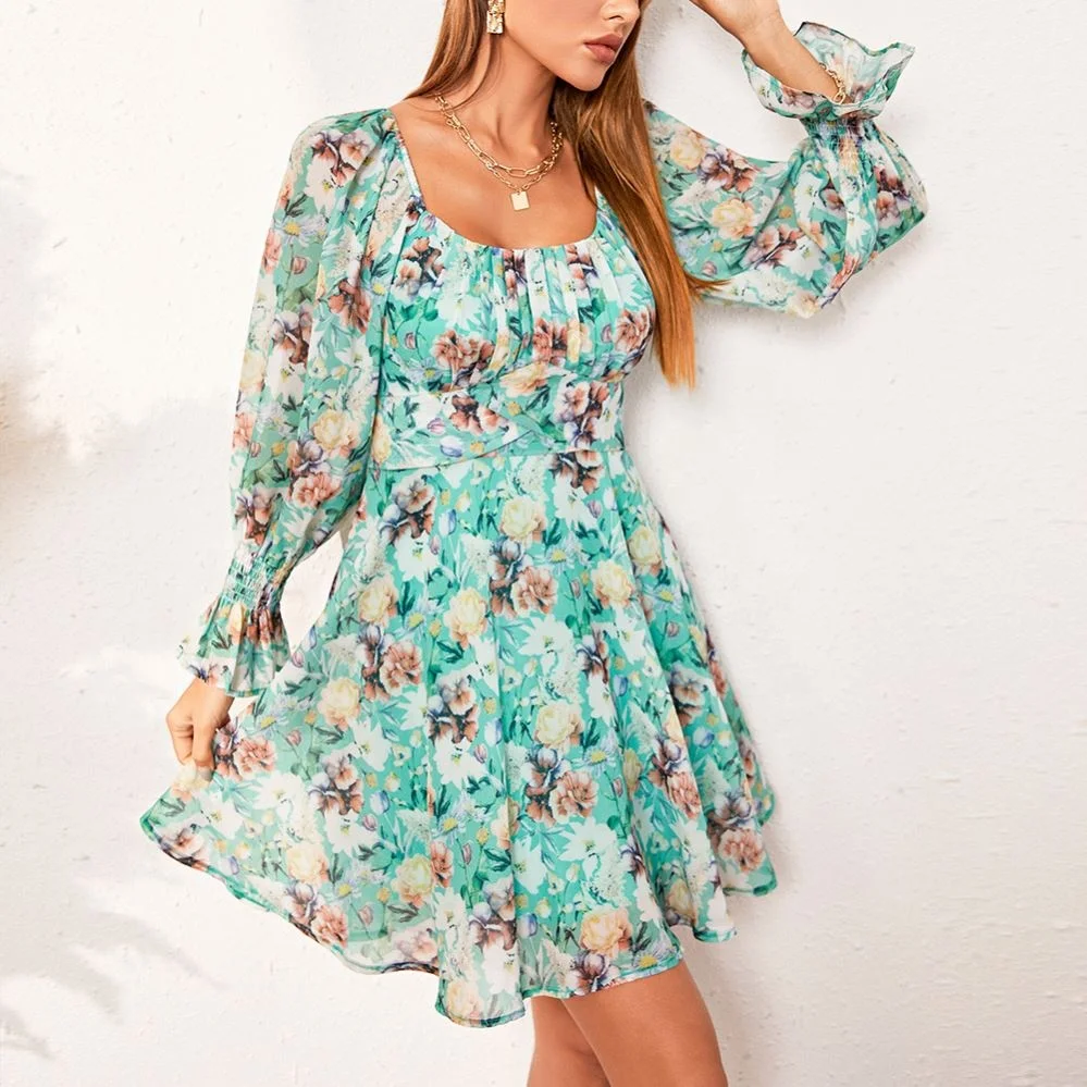 Printing Chiffon Dress Emerald Green Mini Dress 2022 European Square Collar Floral Women Long Sleeve Casual Summer Plain Dyed