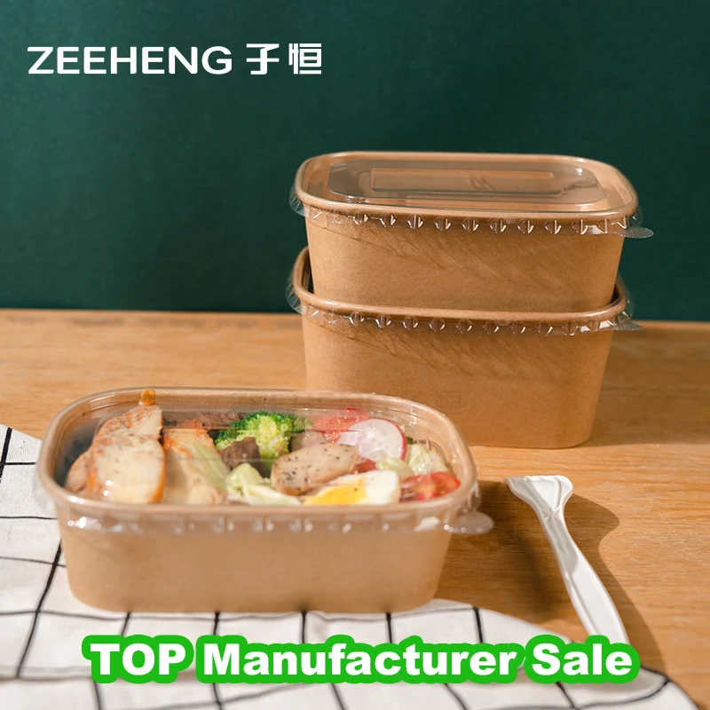 ZIHENG Wholesale Kraft Paper French Fries square Soup Salad Pasta Bowl with Lid