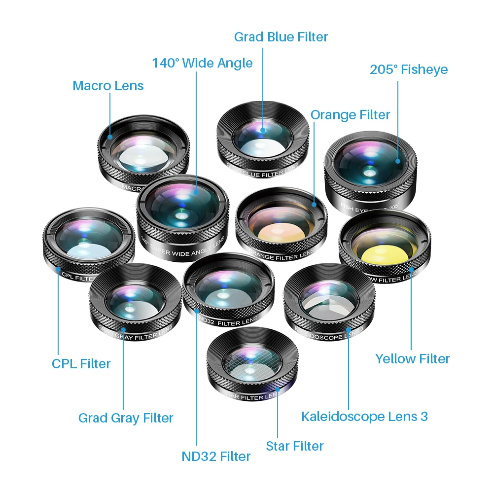 Apexel New 11 in 1 filter mobile camera lens kit, wide angle/ Macro/ Fisheye/ CPL/ ND/ star/kaleidoscope