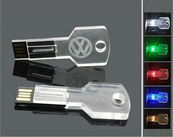 Customize logo Key shape Free storage of data Transparent LED light 32gb 64gb USB 2.0 flash Memory Stick Thumb Drive