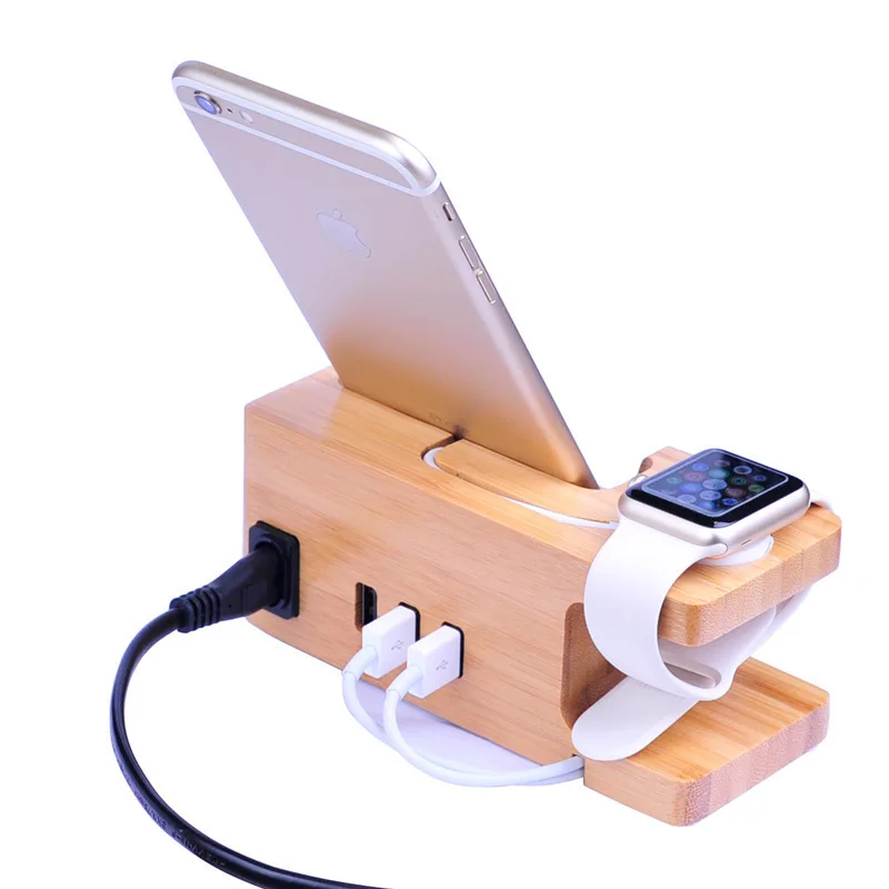Bamboo Charging Station Dock USB Charger Desktop Docking Station Organizer for Cellphone Smart Watch Tablet